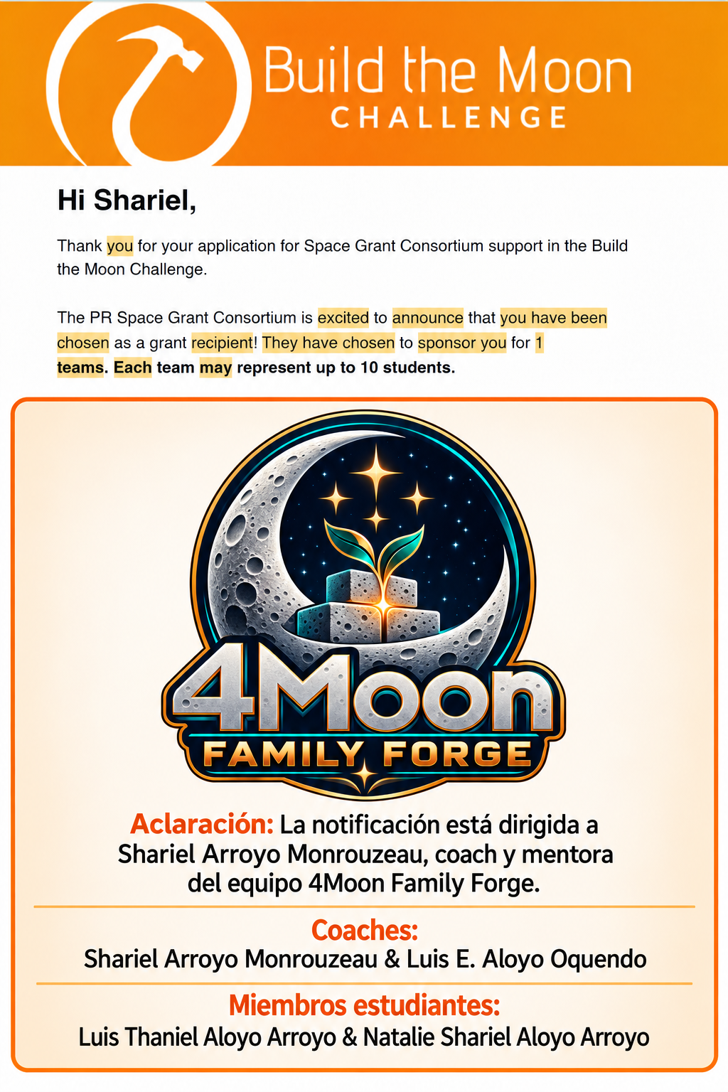 Puerto Rico Space Grant Consortium sponsorship notification for 4Moon Family Forge, with team logo and member information